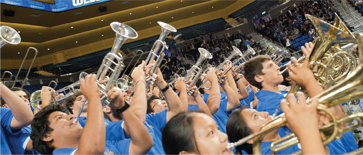 ucla trumpet and horn players in pauley pavilion