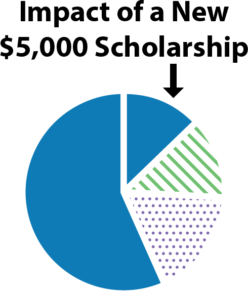 Diagram  showing the tuition breakdown shared in previous graphic covering the total cost of education, but the student loans portion has been replaced with more state, federal, and institutional grants and scholarships.